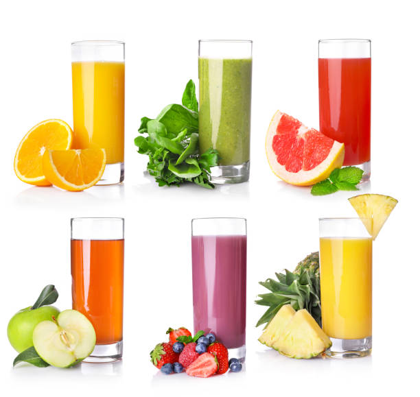 Fresh orange juice in glass bottle isolated on white background.