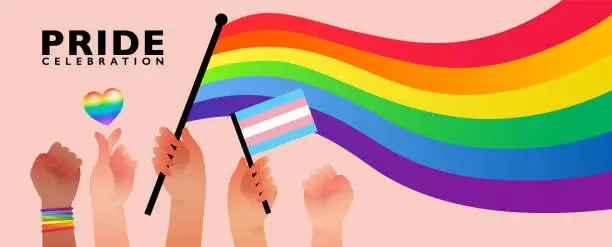 Vector illustration of Banner of people hold rainbow flag with sign language hands represent pride month celebration