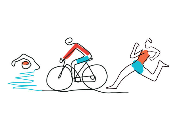 트라이 애슬론 사이클링 수영, 라인 아트. - triathlon sport symbol swimming stock illustrations