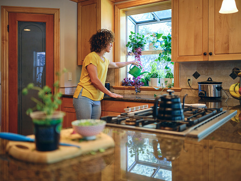 A woman tending to her herb garden in her home kitchen.