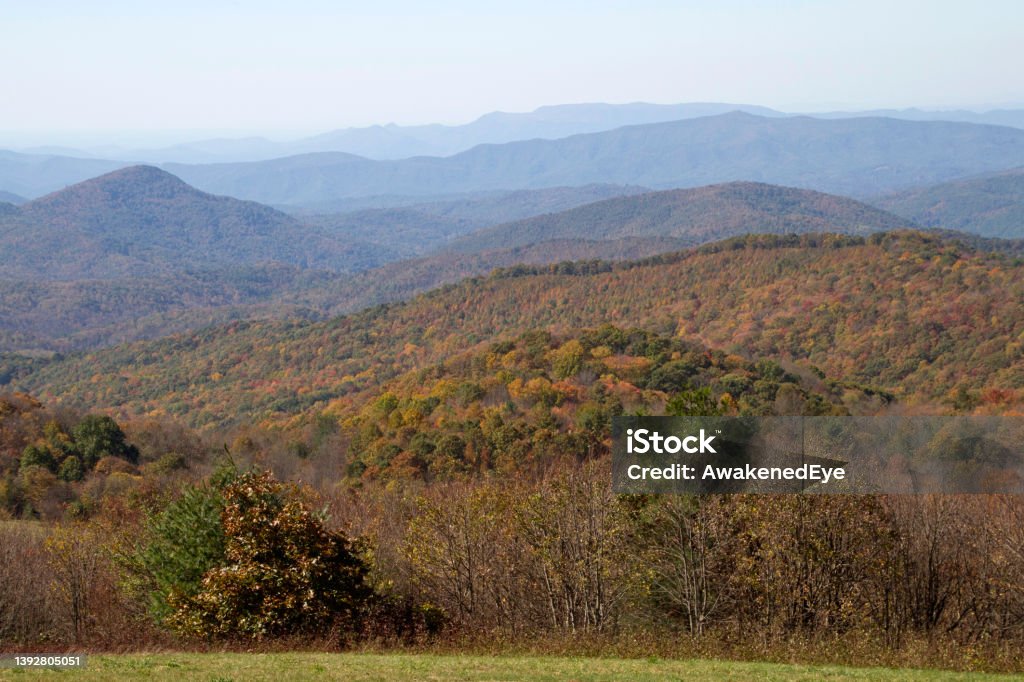 Appalacian Mountains of North Carolina in Peak Autumn Color Overlooking the scenic Appalachian Mountains of Western North Carolina by Max Patch with forests drenched in autumn color Mountain Stock Photo