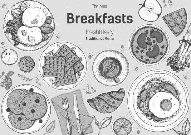 ilustraciones, imágenes clip art, dibujos animados e iconos de stock de desayunos marco de vista superior. diseño del menú de comida de la mañana. colección de platos de desayuno y brunch. boceto vintage dibujado a mano, ilustración vectorial. estilo grabado. - breakfast pancake oatmeal muffin
