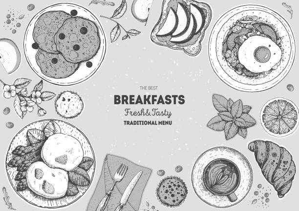 ilustraciones, imágenes clip art, dibujos animados e iconos de stock de desayunos marco de vista superior. diseño del menú de comida de la mañana. colección de platos de desayuno y brunch. boceto vintage dibujado a mano, ilustración vectorial. estilo grabado. - breakfast pancake oatmeal muffin