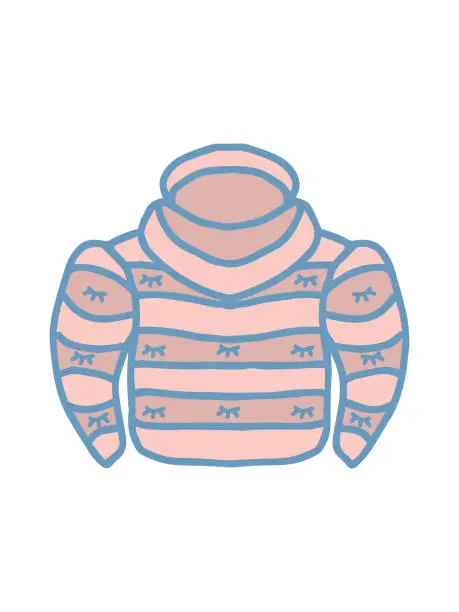 Vector illustration of pink baby jacket with hood warm outerwear with stripes and closed eyes for newborn baby girl child isolated vector hand drawing