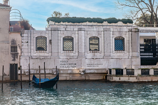 View of the entrance to the Peggy Guggenheim Collection from the Grand Canal in Venice, Italy.