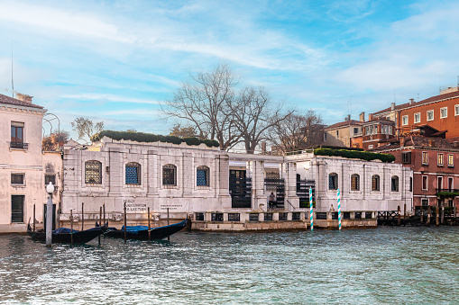 View of the entrance to the Peggy Guggenheim Collection from the Grand Canal in Venice, Italy.
