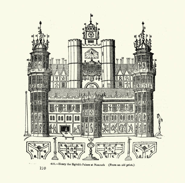 illustrations, cliparts, dessins animés et icônes de nonsuch palace, un palais royal tudor, construit par henry viii dans le surrey, angleterre, architecture du 16ème siècle - nonsuch island