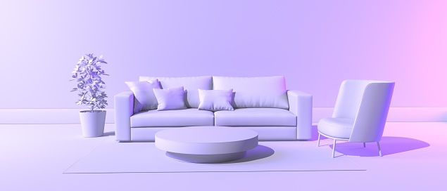 Living room with a sofa - Monochrome minimal theme - 3D render