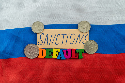 russia flag with money ruble and sanction all economic for country terorrist.  default