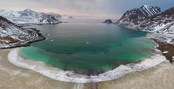 Aerial view of Haukland bay taken with a drone in winter - Lofoten Islands - Norway