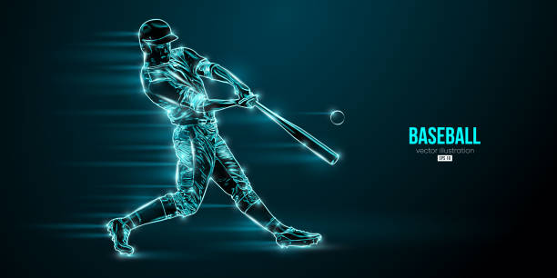 abstrakte silhouette eines baseballspielers auf blauem hintergrund. baseballspieler schlägt den ball. vektor-illustration - baseball mit audio stock-grafiken, -clipart, -cartoons und -symbole