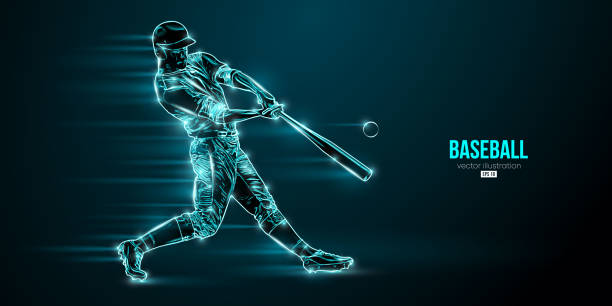 ilustrações de stock, clip art, desenhos animados e ícones de abstract silhouette of a baseball player on blue background. baseball player batter hits the ball. vector illustration - baseball silhouette pitcher playing