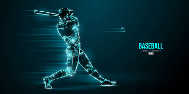 ilustrações de stock, clip art, desenhos animados e ícones de abstract silhouette of a baseball player on blue background. baseball player batter hits the ball. vector illustration - baseball hitting batting home run