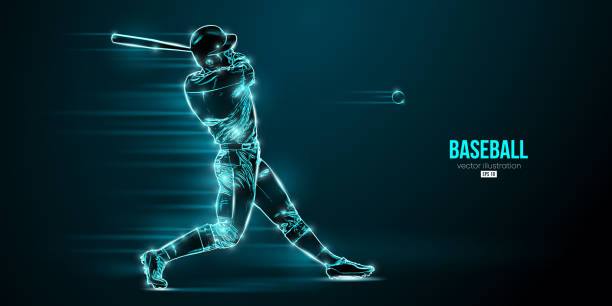 Abstract silhouette of a baseball player on blue background. Baseball player batter hits the ball. Vector illustration Abstract silhouette of a baseball player on blue background. Baseball player batter hits the ball. Vector illustration baseball player at bat stock illustrations