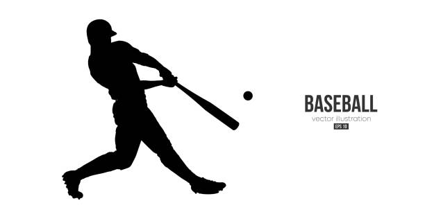 ilustraciones, imágenes clip art, dibujos animados e iconos de stock de silueta abstracta de un jugador de béisbol sobre fondo blanco. el bateador del jugador de béisbol golpea la pelota. ilustración vectorial - baseball home run team ball