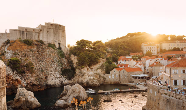 sunset view in Dubrovnik, Dalmatia, Croatia, Europe Fort Lovrijenac on a sunny day. 
Location: Dubrovnik, Dalmatia, Croatia, Europe dubrovnik stock pictures, royalty-free photos & images