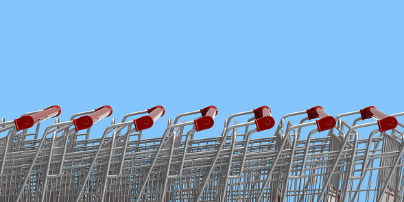 Online shopping and delivery service concept. 3D illustration of empty metallic super market push cart. Horizontal composition on large blank background with copy space. Financial crises and rising prices decreasing consume.