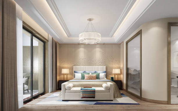 istock 3d render. Modern hotel bedroom interior scene. 1392821300