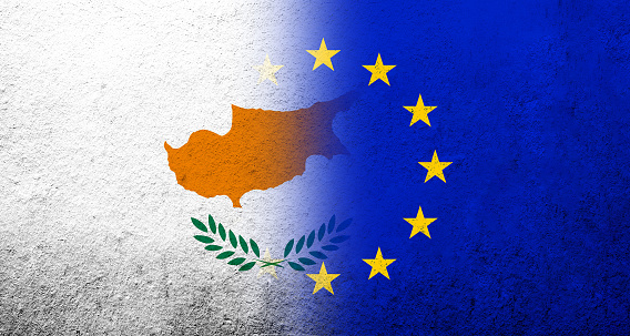 Flag of the European Union with Cyprus National flag. Grunge background