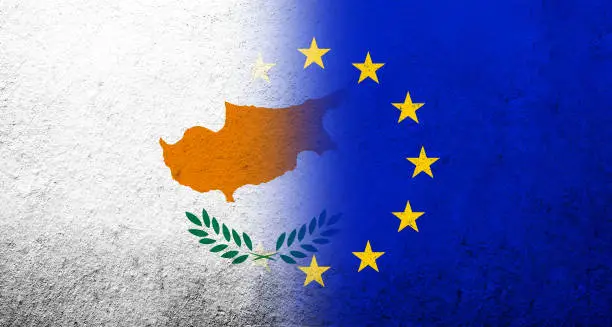 Photo of Flag of the European Union with Cyprus National flag. Grunge background