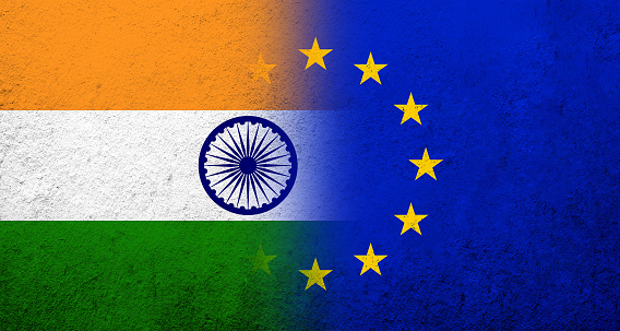 Flag of the European Union with India National flag. Grunge background