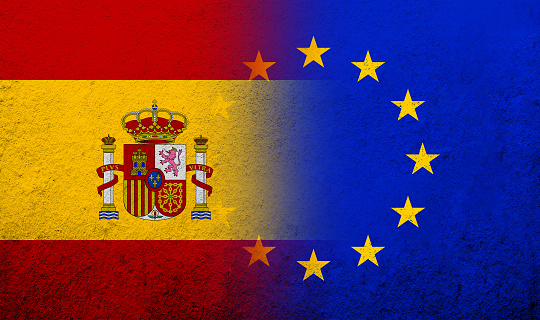 Flag of the European Union with Kingdom of Spain National flag. Grunge background