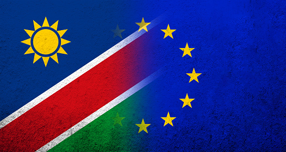 Flag of the European Union with Namibia National flag. Grunge background