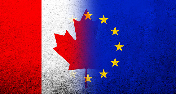 Flag of the European Union with National flag of Canada. Grunge background