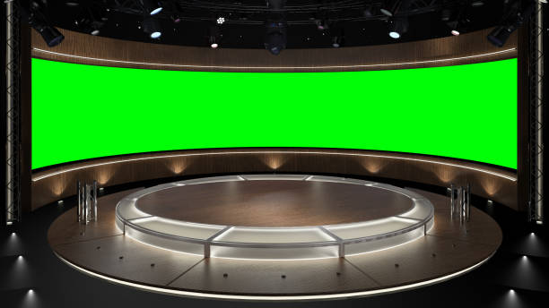 Virtual TV Studio Set 20-3. Green screen background. 3d Rendering. Virtual set studio for chroma footage. wherever you want it, With a simple setup, a few square feet of space, and Virtual Set, you can transform any location into a spectacular virtual set. This background was created in high resolution with 3ds Max-Vray software. You can use it in your virtual studios stage set stock pictures, royalty-free photos & images