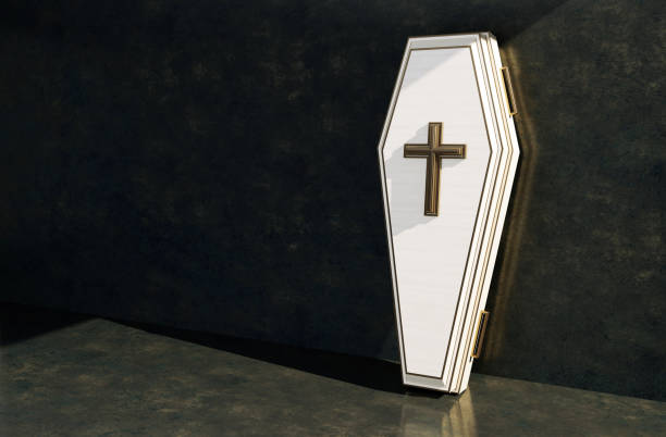 one white coffin stand with black copy space front view. 3d rendering