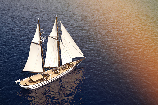 sailing ship at sea above view with copy space. 3d rendering