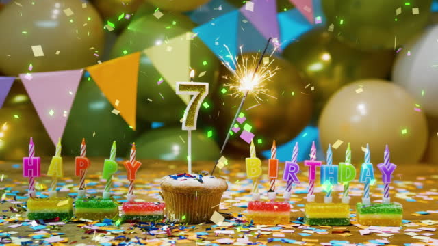 Happy birthday, seven-year-old. Beautiful happy birthday background number 7, birthday cakes screensaver with candles, sparklers and falling confetti decorations