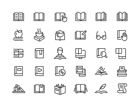 Set of book line vector icons. Editable stroke.