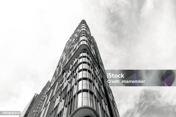 Black And White Low Angle View Of Modern Office Building Skyscrapers Sky Background With Copy Space Stock Photo - Download Image Now