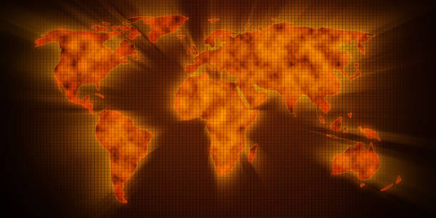 istock Global Warming Concept Abstract Background with glowing and blazing flames inside the world map. 1392835469