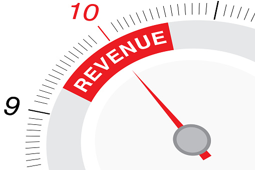 Revenue Meter Concept Background with Red Marked Number and Typography. Business success in terms of revenue
