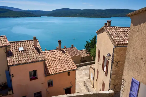 Photo of Panoramic view of the bay of Sainte Croix du Verdon Provence France and the surrounding mountains