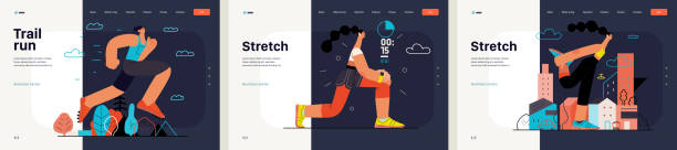 illustrazioni stock, clip art, cartoni animati e icone di tendenza di runners - una serie di modelli di siti web di corsa ed esercizio fisico al di fuori delle persone - track and field athlete women vitality speed