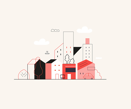 Startup illustration. Flat line vector modern concept illustration of a city, startup metaphor. Concept of building new business, planning and strategy, teamwork and management, company processes