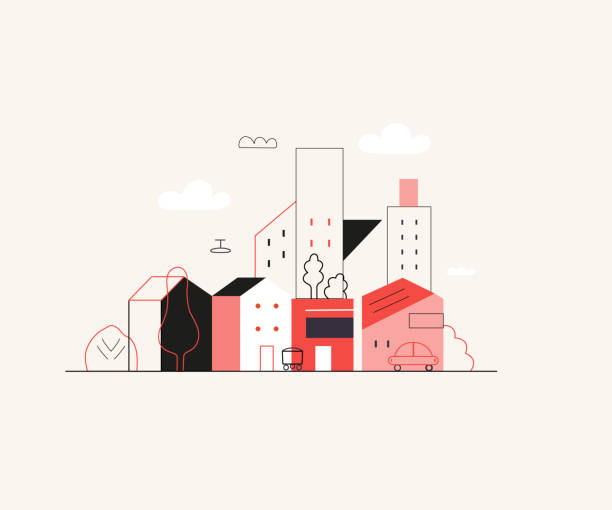 Startup illustration. Concept of building new business Startup illustration. Flat line vector modern concept illustration of a city, startup metaphor. Concept of building new business, planning and strategy, teamwork and management, company processes lean construction management stock illustrations