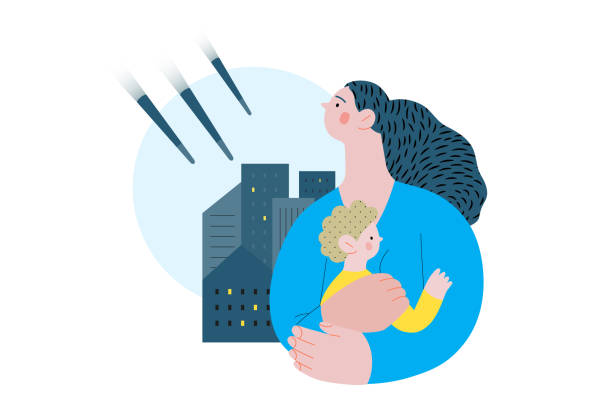 War and peace flat vector illustration. Creative poster War and peace - Stop war -modern flat vector concept digital illustration of young mother holding a child and shells bombing houses on the background, Ukranian flag colored. Creative anti-war poster. ukraine war stock illustrations