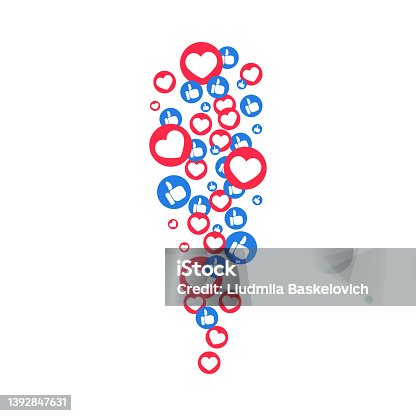 istock Likes hearts and thumbs flying up for stories and live streams. Like and thumbs icons for social media ui. Vector illlustration 1392847631