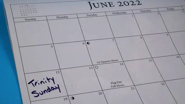 Trinity Sunday written on a calendar on June 12, 2022. Trinity Sunday is the first Sunday after Pentecost in the Western Christian liturgical calendar, and the Sunday of Pentecost in Eastern Christianity. Trinity Sunday celebrates the Christian doctrine of the Trinity, the three Persons of God: the Father, the Son, and the Holy Spirit.