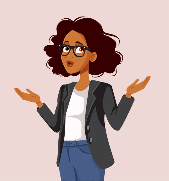 ilustrações de stock, clip art, desenhos animados e ícones de clueless surprised woman shrugging vector cartoon character - raised eyebrows illustrations