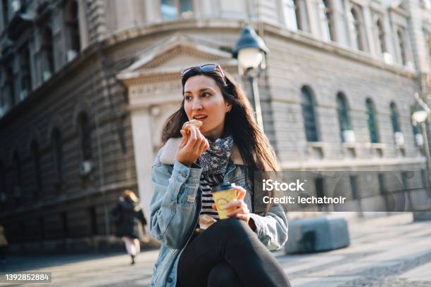 Woman Having A Coffee Break In The City Stock Photo - Download Image Now - Coffee - Drink, Travel, Mobile Phone