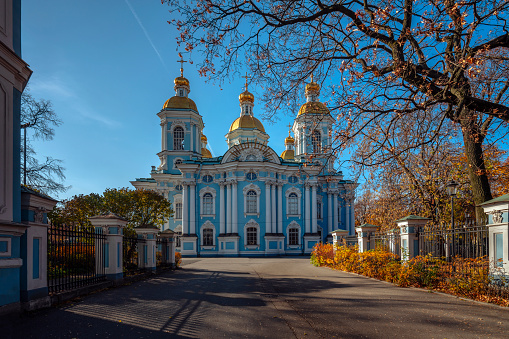 Nikolo-Bogoyavlensky (Nikolsky) Naval Cathedral on a sunny autumn day, Saint Petersburg, Russia