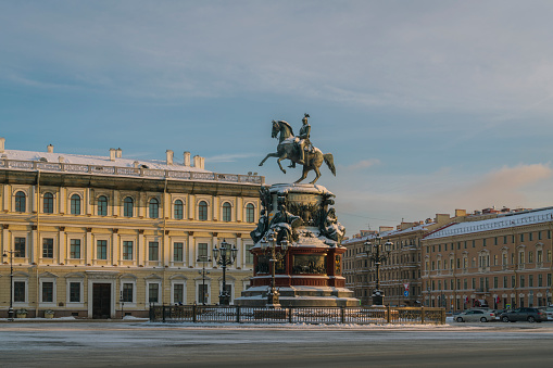 St. Isaac's Square and the monument to Emperor Nicholas I on a sunny winter day, St. Petersburg, Russia