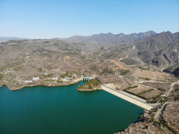 the aerial view of  reservoir, beijing - yanqing county imagens e fotografias de stock