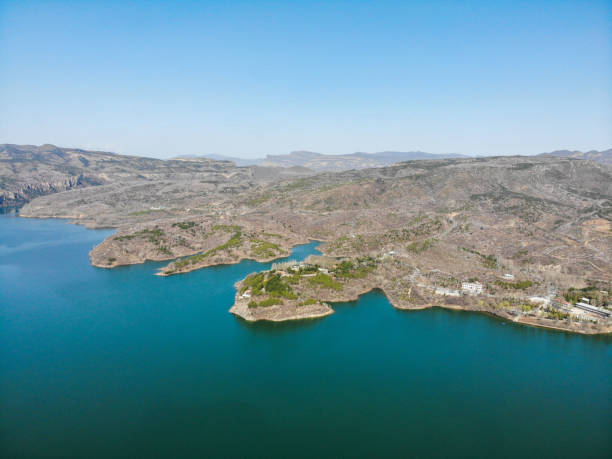 the aerial view of  reservoir, beijing - yanqing county imagens e fotografias de stock