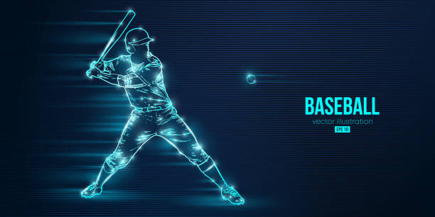 abstrakcyjna sylwetka baseballisty na niebieskim tle. gracz baseballu uderza piłkę. ilustracja wektorowa - home run stock illustrations
